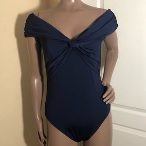 Trina Turk Off Shoulder Twist V Neck Swimsuit